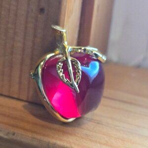 Vintage Anne Klein Lucite Jelly Belly Red Apple Brooch Gold Tone Teacher Gift